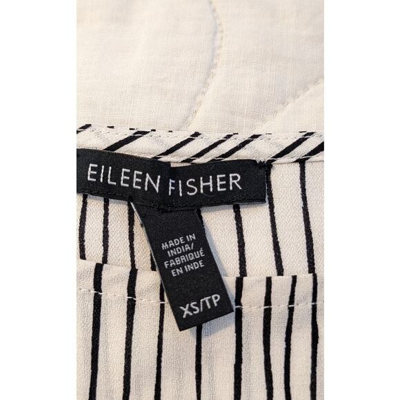 Eileen Fisher Linear Printed Silk Bateau Neck Long Shell Bone/Black Womens Sz XS - Picture 3 of 9